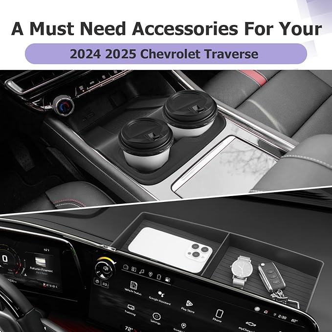 LUWU 2025 2026 Traverse Center Console Organizer Tray Compatible with 2025 2026 Chevrolet Traverse Accessories 2025 2026 Traverse Center Console Cup Holder Dashboard Storage Tray Black 2-Pack