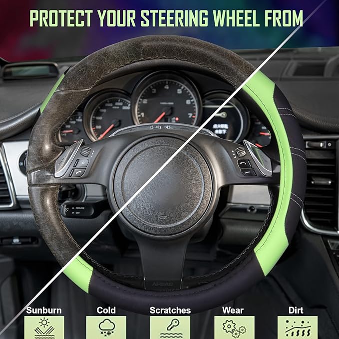 CAR PASS Line Rider Microfiber Leather Sporty Steering Wheel Cover Universal Fits for 95% Truck,SUV,Cars 14.5-15inch, Anti-Slip Safety Comfortable Design (Glows Lime Fluorescent Green)