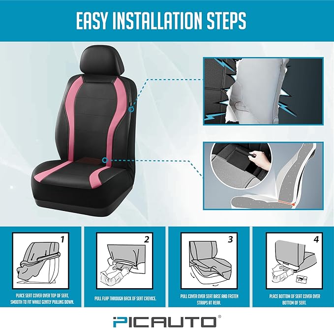 PIC AUTO Leather Car Seat Covers, Premium Automotive Waterproof Front & Rear Full Set Bucket Car Seat Protectors, Black and Pink PVC Patchwork, Fits for Cars, Trucks, Van, SUV, Airbag Compatible