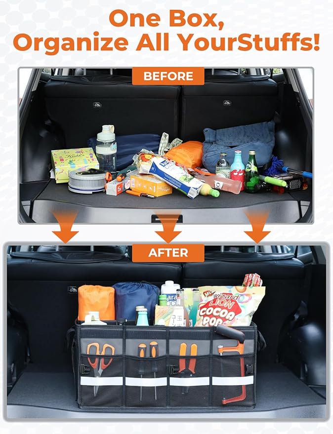 Oasser Car Trunk Organizer Collapsible Multi Compartments SUV Trunk Organizer with Reflective Strip Foldable Cover (Standard, Grey)