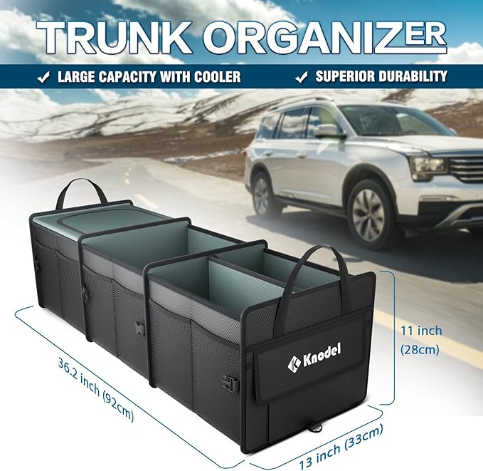 K KNODEL Sturdy Car Trunk Organizer with Premium Insulation Cooler Bag, 3 Compartments Heavy Duty Collapsible for Car, SUV, Truck, or Van (Large, Black)