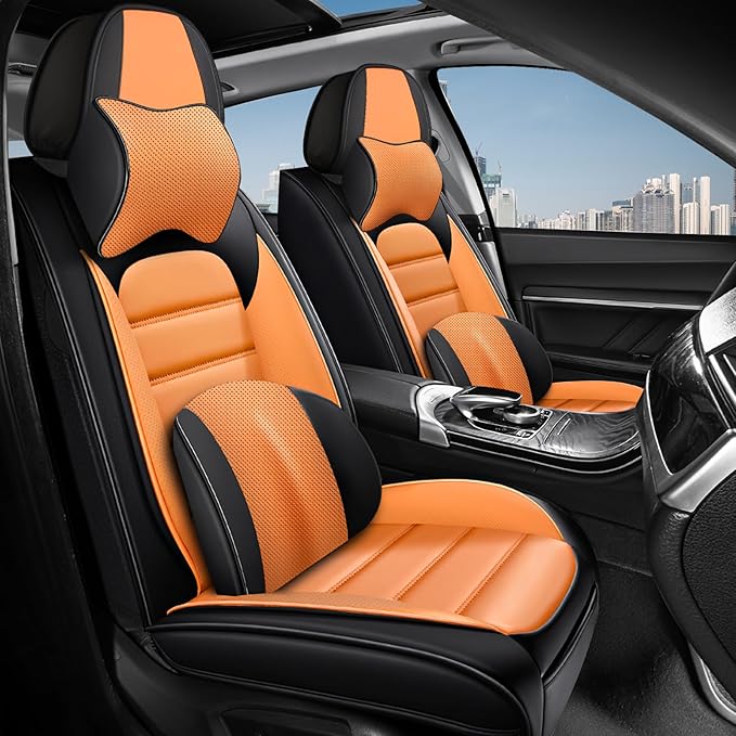 2 Car Seat Covers for Chrysler Pacifica 2004-2026 Breathable Leather,Waterproof Car Seat Protectors with Comfort Headrest Pillows,Automotive Vehicle Cushion with Storage Pockets (Luxury,Orange)