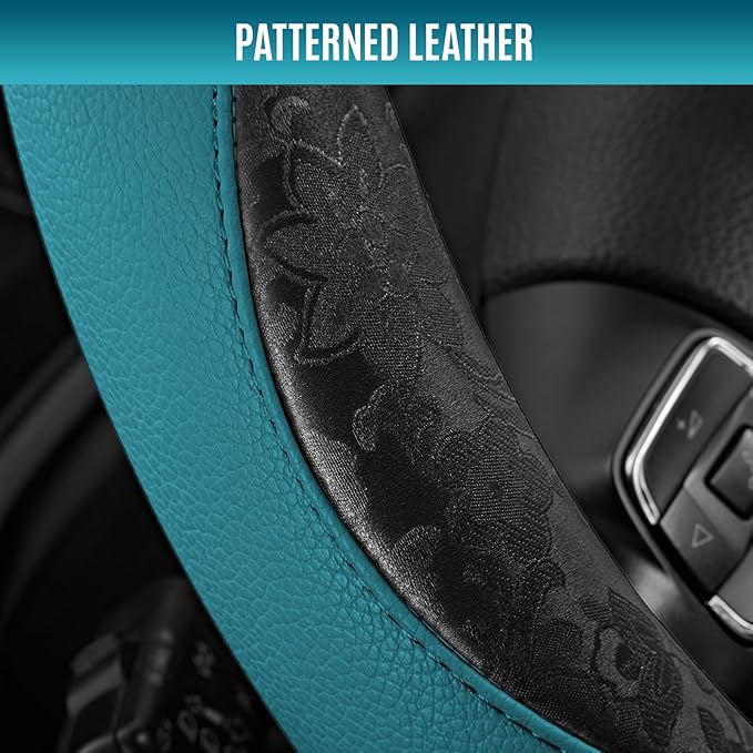 PIC AUTO Steering Wheel Cover, Black Patterned & Blue Leather Patchwork Design, Universal Fit 14.5"–15.5", Anti-Slip, Odor-Free, Soft PU Grain Leather, Durable Grip Car Accessory for Girls & Women