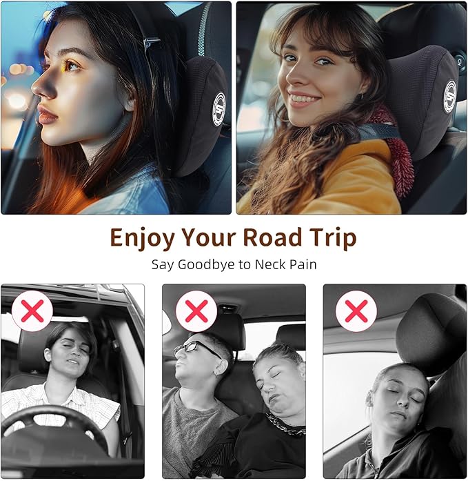2 Pack Car Headrest Pillow, Extra Soft Car Pillow, 100% Memory Foam Car Neck Pillow for Driving - Universal Fit Travel Car Rest Pillow for Pain Relief While Driving(Comes with 2 Eye Masks)