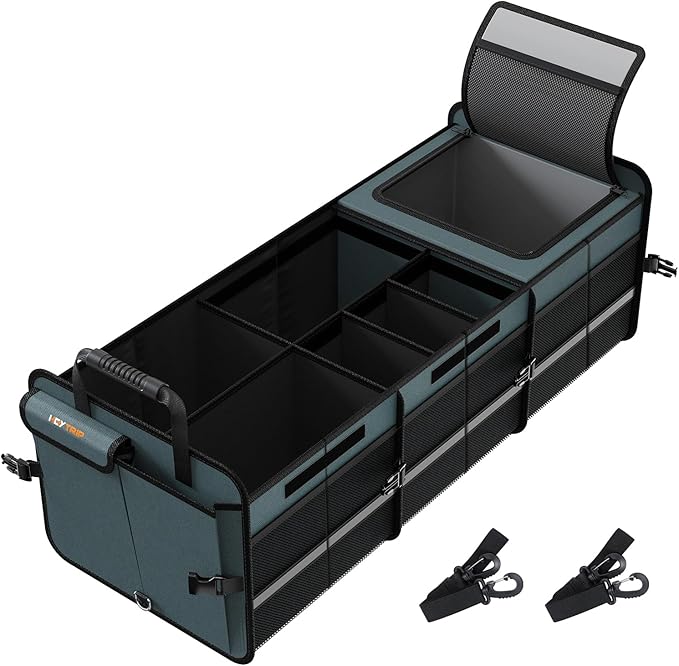 HEYTRIP Large Trunk Organizer With Built-in Leakproof Cooler Bag, 2 Tie-Down Straps, 4 Removable Dividers, Foldable Cover, Built with 2mm PE Board, Gray
