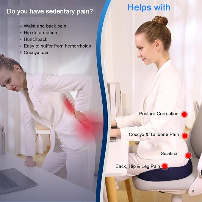 Seat Cushion Premium Memory Foam Non-Slip Coccyx Tailbone Cushion for Office Chair, Car Seat, Wheelchair, Yoga and Travelling- Back, Hip and Tailbone Pain Relief