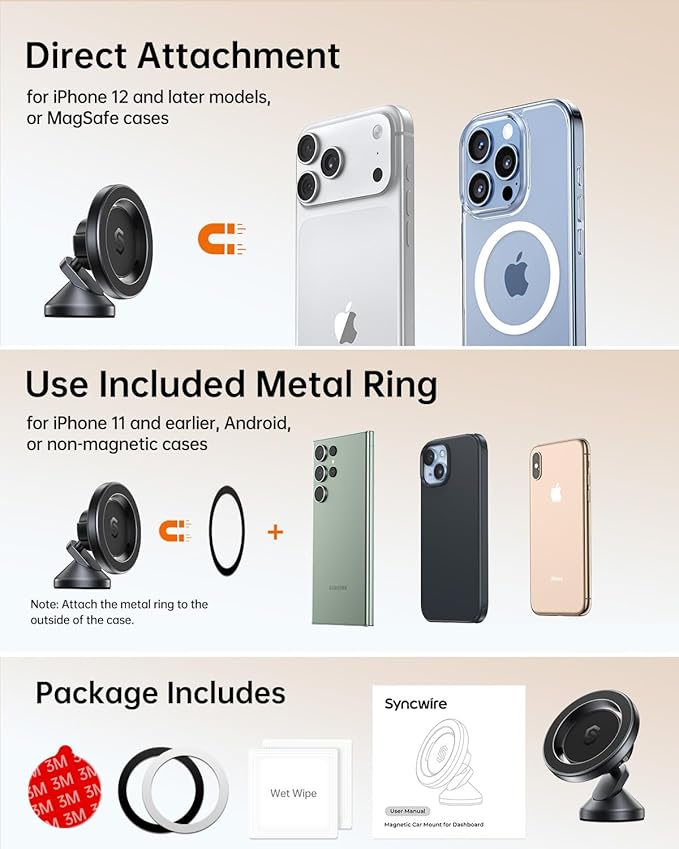 SYNCWIRE for MagSafe Car Mount - 360 Rotation Magnetic Phone Holder for Car Dashboard, Strong Magnet Car Phone Holder Mount Compatible iPhone 17 Pro Max Air 16 15 14 13 - Car Accessories for Women Men