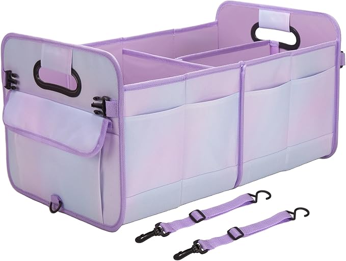 Trunk Organizer For Suv&Sedan,Car Organizers&Storage,Waterproof Collapsible & Adjustable Straps,70L Sturdy Car Organization for Car Accessories,Tools,Sundries,2-3Compartment(Colorful Purple)