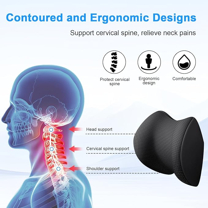 2 Pack Car Headrest Pillow for Neck Support, Ultra Comfortable Neck Pillow for Driving, Car Neck Pillows with Adjustable Strap & Breathable Removable Cover, Fit Most Cars(Black)