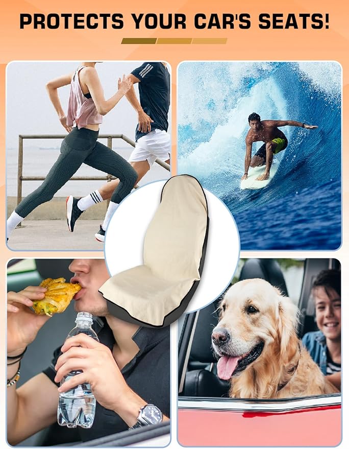 Universal Car Seat Cover Towel, Waterproof Washable Sweat Protection for Front Bucket Seats, Non-Slip Fit, Fits Cars SUVs Trucks, Ideal for Gym, Kids, Pets, Outdoor Sports, Travel (Beige, 1 Pack)