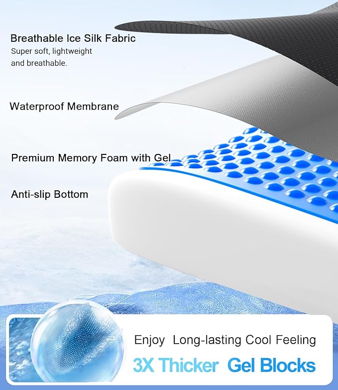 Wheelchair Seat Cushions Cooling, Ergonomic Seat Cushion, Waterproof Silk Fabric, Memory Foam Cooling Gel Office Chair Cushion for Hip Support, Relieve Sciatica, Back, Coccyx, Pressure Sore