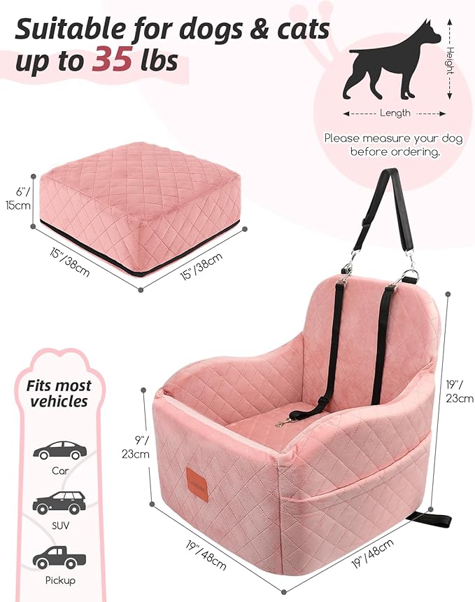 Dog Booster Car Seat for Small/Medium Dogs,Soft Puppy Portable Car Seat with Elevated Cushion,Fits in Front/Back Seat,Fully Detachable and Washable,Easy to Install (Pink, Medium)