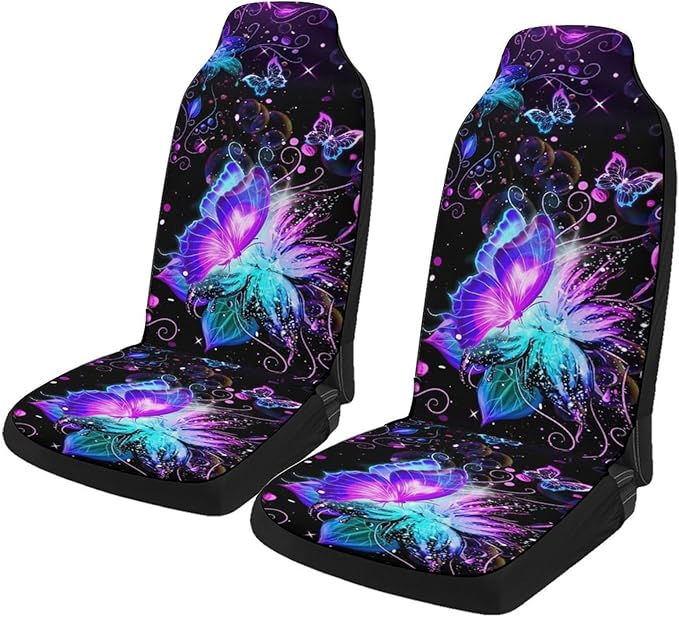 2 Pcs Premium Purple Butterflies Car Seat Cover, Breathable & Washable Car Seat Covers Full Sets, Fashionable Printed Seat Covers for Cars Interior, Universal Fit for Most Cars