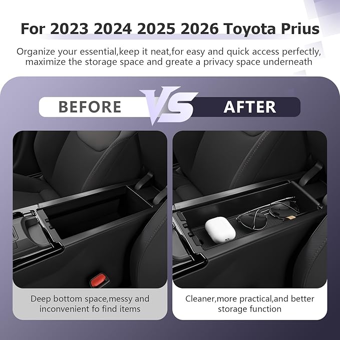 LUWU 2025 2026 Prius Center Console Organizer for 2023 2024 2025 2026 Toyota Prius LE/XLE/Limited/Nightshade Accessories Armrest Console Storage Box Glove Organizer Tray ABS Material (Black)