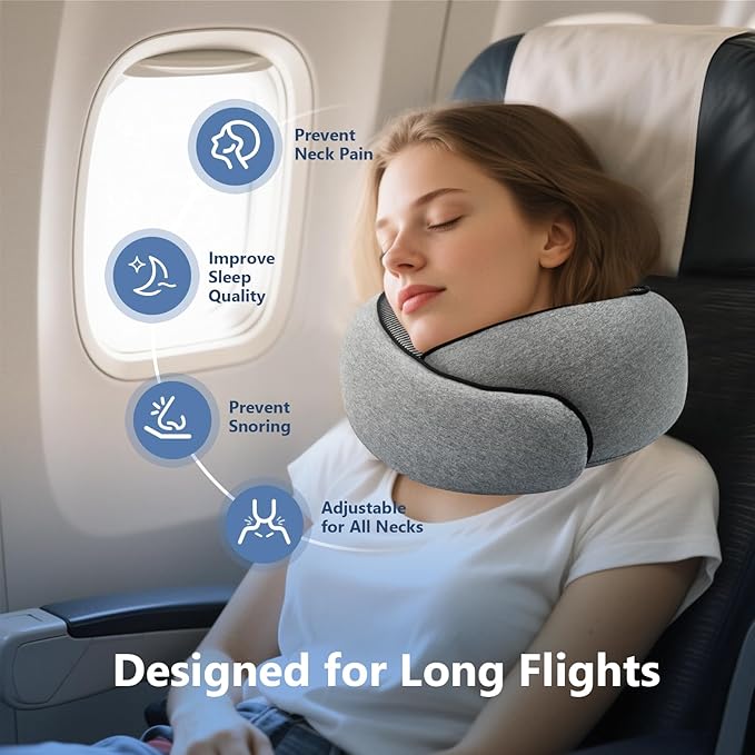 Advanced Memory Foam Neck Travel Pillow, Neck Pillow Airplane with Eye Mask & Ear Plugs, Designed for The Comfort of Travel & Office, Travel Pillow for Plane, Car, Home, Work， Grey