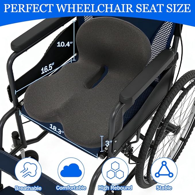 Wheelchair Cushions with Ergonomic L-Shape Design – Premium Memory Foam Seat Cushion for Posture Support & Tailbone Pain Relief – Non-Slip Base & Adjustable Straps for Office, Car & Travel Use
