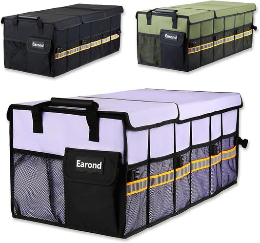 Car Trunk Organizer with Lid,Collapsible Car Storage Organizer with Multi Compartments and Securing Straps for SUV,Sedan,Jeep-Cyan