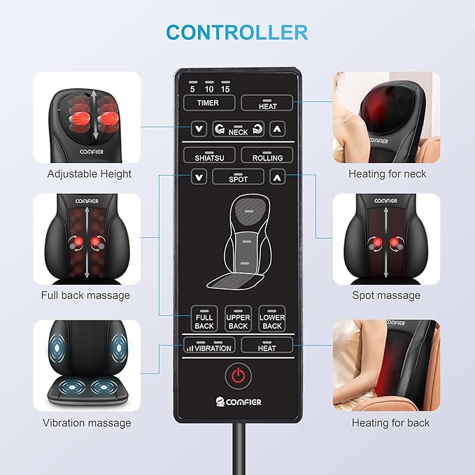 COMFIER Shiatsu Back Massager with Heat, Deep Kneading & Rolling Massage Chair Pad, Chair Massager for Office Home Use