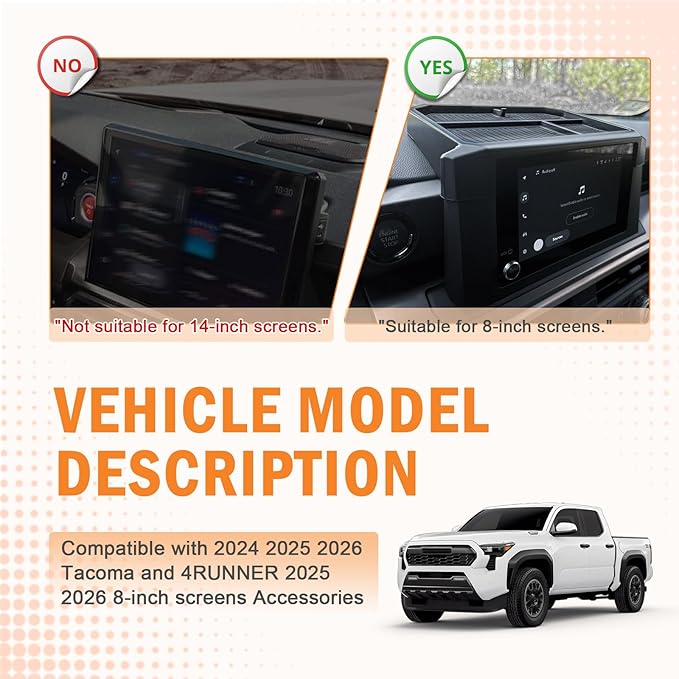 TACOBRO Dash Organizer Tray for 2024 2025 2026 Toyota Tacoma (4th Gen) & 2025 2026 4Runner (6th Gen), ABS Console Organizer with Anti-Slip Mat, 8" Screen Compatible Accessories
