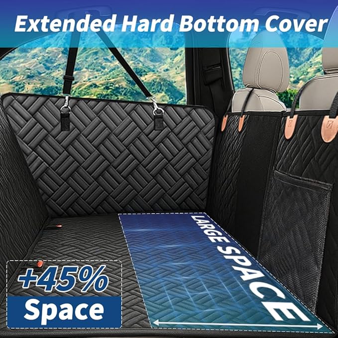 Dog Car Seat Cover for Back Seat, Hard Bottom Upgraded Leather Back Seat Extender Holds 400lbs, Waterproof Anti-Scratch Heavy Duty Dog Hammock for Car, SUV, Truck, Large Space Pet Travel Bed