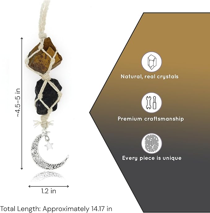 BOHO GARDEN Hanging Car Charm - Tiger Eye & Black Tourmaline - Dangling Moon, Healing Crystal Accessories, Rearview Mirror Decorations - Grounding, Confidence, Protection, Courage, Resilience, Energy