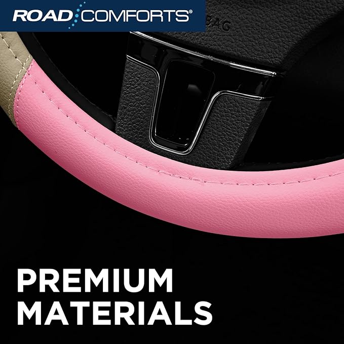 Road Comforts Car Steering Wheel Cover - Microfiber Leather Steering Wheel Wrap Sports 14.5-15 Inch Steering Wheel Cover Non-Slip for Men Women Pink & Beige Color