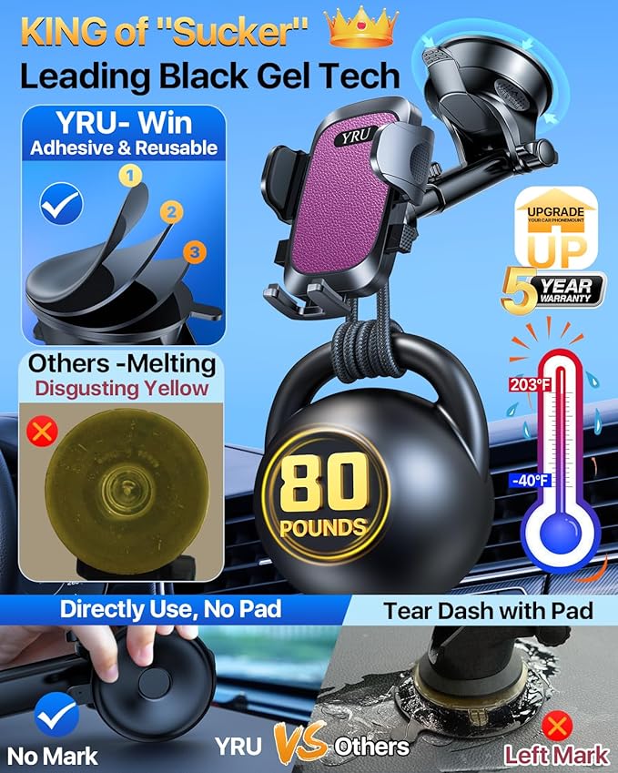 YRU [True Upgrade for Safety] Car Phone Holder Mount [Patent & Military-Grade] Dashboard Cell Phone Holder for Car Vent Windshield Phone Stand for iPhone 17 16 15 14 13 Pro Max Truck Samsung, Purple