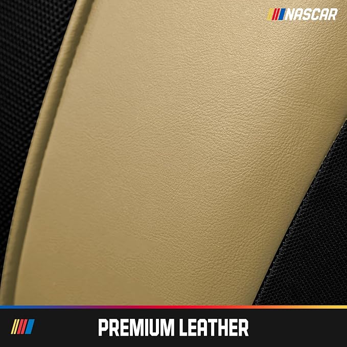 NASCAR Car Seat Covers, Beige Leather and Mesh Seat Covers, Universal Fit Front Seat Covers for Cars with Airbag-Compatible Design, Durable Racing-Inspired Car Interior for Cars, Trucks & SUVs