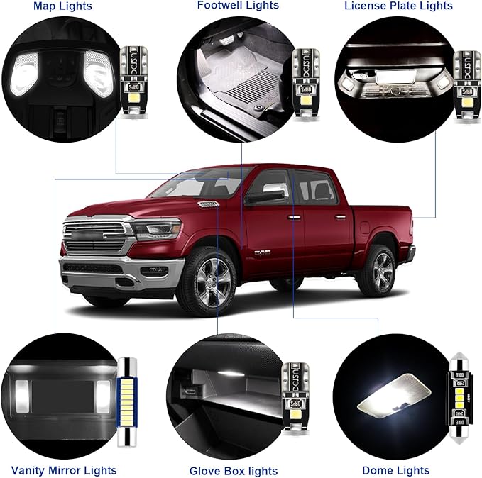 EASY EAGLE LED Interior Car Lights for 2019-2021-Dodge Ram-1500-2500-3500: 12 Piece Kit White LED Light Bulbs - Super Bright 6000K + Install Tool