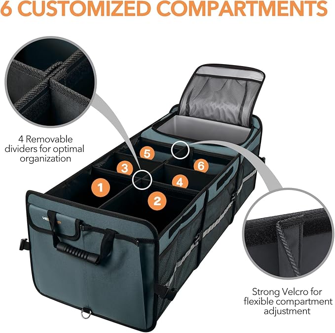 HEYTRIP Large Trunk Organizer With Built-in Leakproof Cooler Bag, 2 Tie-Down Straps, 4 Removable Dividers, Foldable Cover, Built with 2mm PE Board, Gray