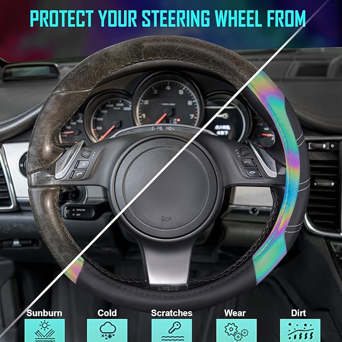 CAR PASS Line Rider Microfiber 13.5-14 Inch Leather Sporty Steering Wheel Cover Universal Fits for 95% Truck,SUV,Cars, Anti-Slip Safety Comfortable Desgin (Black Reflective)