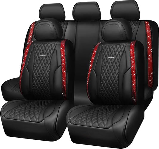 CAR PASS Nappa Leather Bling Diamond Black Red Seat Covers Full Set, Waterproof Calfskin Heavy-Duty Anti-Slip, Universal Fit for 95% Auto SUV Sedan Truck, Glitter Sparkle Shining (Red Rhinestone)