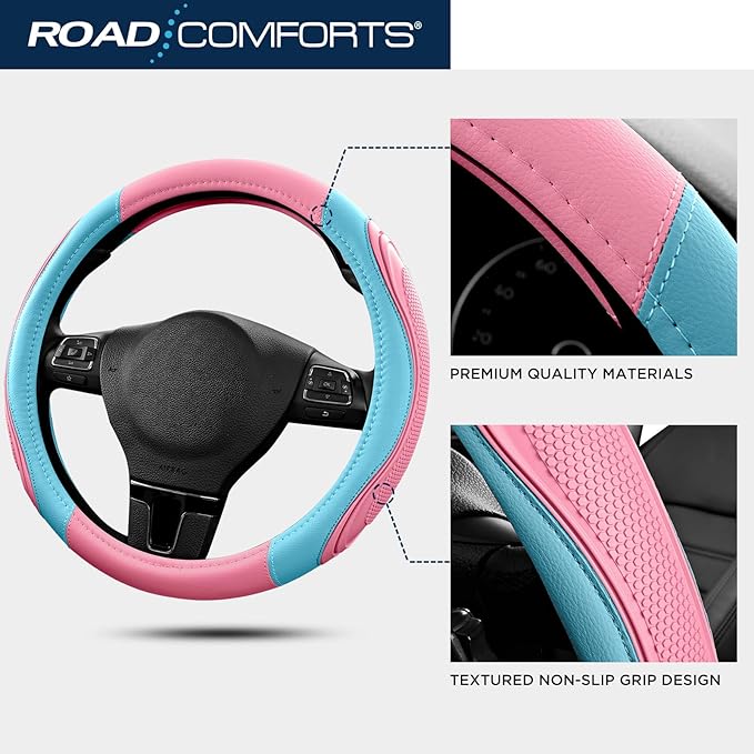 Road Comforts Car Steering Wheel Cover - Microfiber Leather Steering Wheel Wrap Sports 14.5-15 Inch Steering Wheel Cover Non-Slip for Men Women Pink & Blue Color