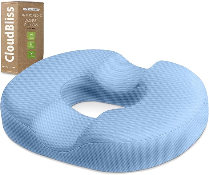 CloudBliss Donut Pillow Seat Cushion Chair Pad for Tailbone Pain Relief and Hemorrhoids, Memory Foam Seat Chair Cushion for Men and Women for Home & Office, (Light Blue-2XL)