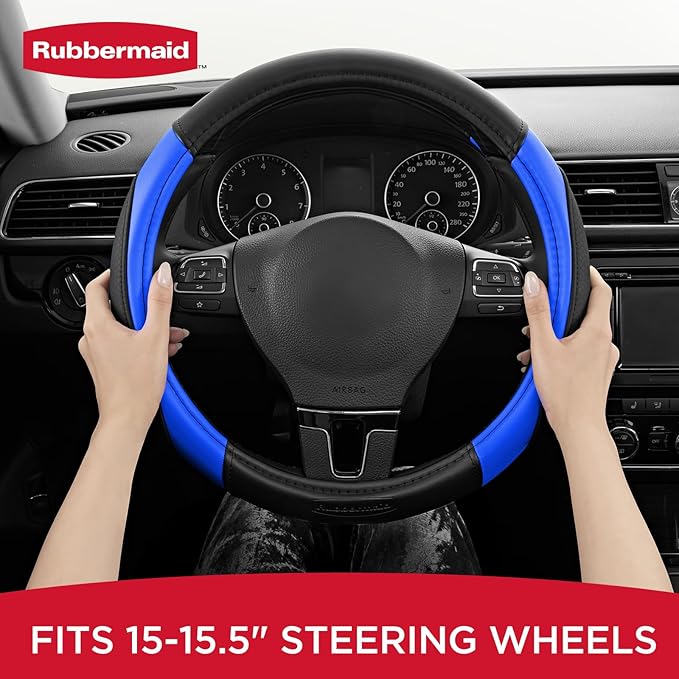 Rubbermaid Steering Wheel Cover – Universal Fit 14.5"–15" Steering Wheel Cover, Anti-Slip Grip, Breathable Leather, All-Season Protection, Interior Upgrade for Cars, Trucks, SUVs - Blue