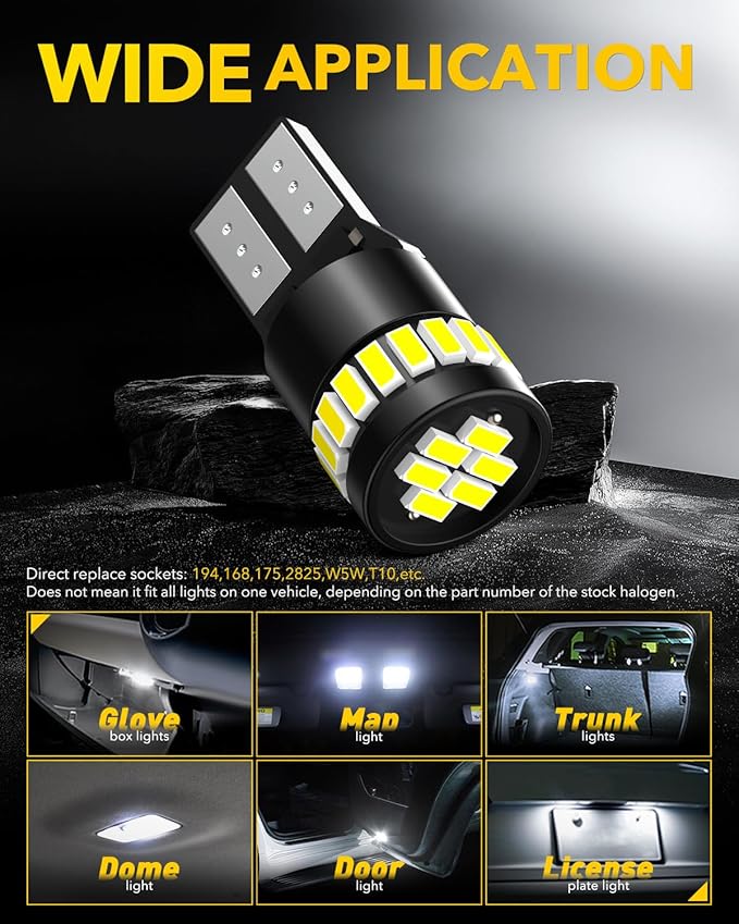 AUXITO 194 LED License Plate Light Canbus Error Free, 6000K White 168 175 2825 T10 W5W LED Bulbs for Car Interior Map Dome Trunk Exterior Parking Lights, Pack of 2