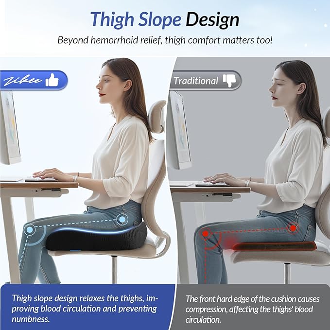 ZIKEE Thickened Seat Cushion, Ergonomic Memory Foam Hemorrhoid Pillow for Hip, Sciatica, Long Sitting Relief, 6.0" Thick Office Chair Cushion with Widened Cutout for Tailbone Pain Relief in Car, Home