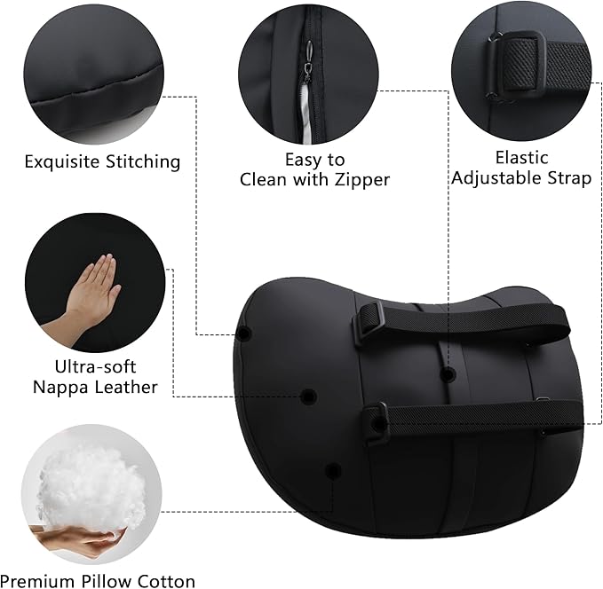 Car Headrest Pillow Genuine Nappa Leather Softness Car Neck Pillow for Accessories Seat Headrest Pillow for Driving and Traveling, 2 Packs, Black