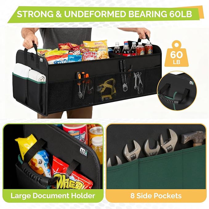 MIU COLOR Trunk Organizer for SUV, Large 5 Compartments Car Organizer, Collapsible Trunk Organizer, Strong Handle, Non-Slip Bottom, Storage Organizer for Sedans, Van, Jeep, Grocery, Black Mixed Green