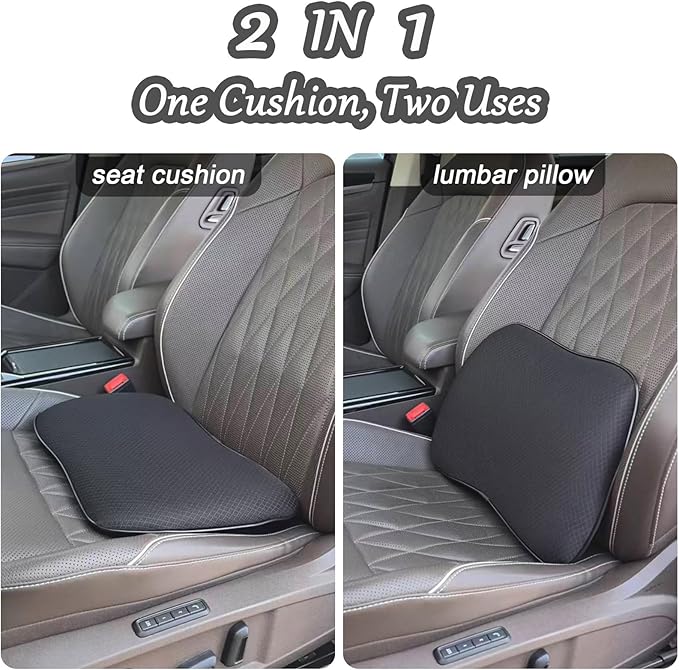 2 in 1 Wedge Car Seat Cushion or Lumbar Support - 3.2 inches Soft Memory Foam Cushion for Car Seat Driver for Comfort - Driving Cushion for Butt and Back Sciatica Pain Relief, Black