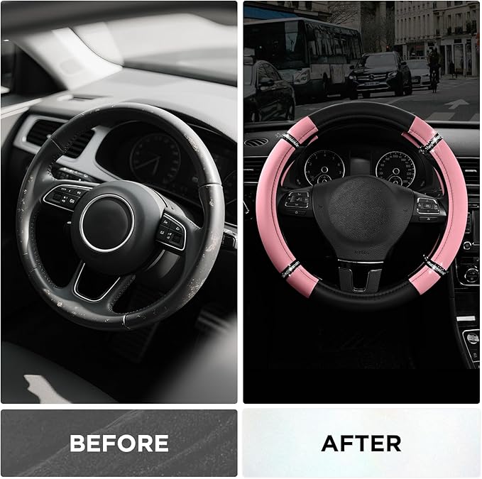 Road Comfort Leather Steering Wheel Cover – Premium Anti-Slip Car Steering Wheel Grip Cover – Universal Fit for 14.5”–15.5” Cars, Trucks & SUVs - Pink