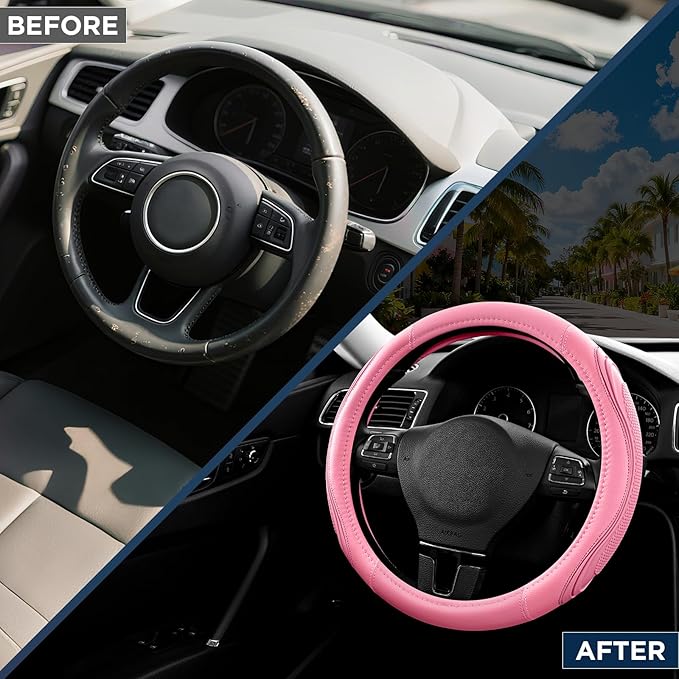 Road Comforts Car Steering Wheel Cover - Microfiber Leather Steering Wheel Wrap Sports 14.5-15 Inch Steering Wheel Cover Non-Slip for Men Women Pink & Pink Color