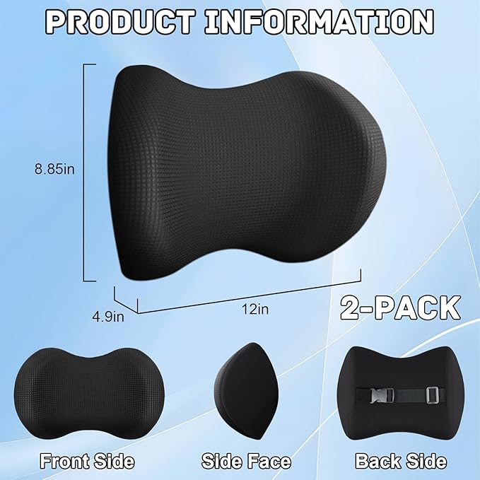 Arazi 2-Pack Car Headrest Pillow Memory Foam Car Neck Pillows for Driving with Adjustable Strap, Neck Support for Pain Relief, Breathable Removable Cover, Fit All Car Seats - Black