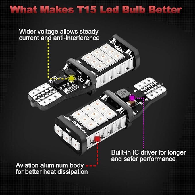 Yorkim 912 921 LED Backup Light Bulbs Red, High Power 2835 21-SMD Chipsets Extremely Bright Error Free T15 906 904 902 W16W for Back Up Lights Reverse Lights, Pack of 2