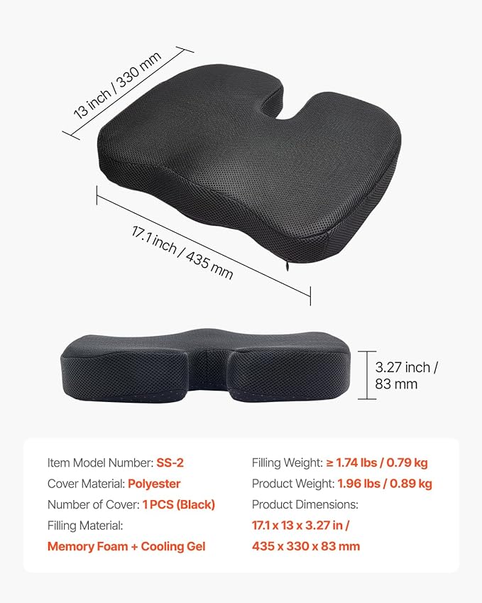 VEVOR Seat Cushion, Cooling Gel + Memory Foam Seat Cushion, Pressure-Relief Wheelchair Seat Pad with U-Shaped Cutout & Removable Cover, Lightweight and Portable for Travel, Car, Office, Airplane