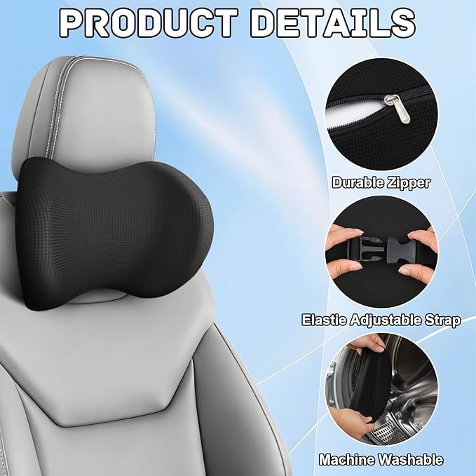 Arazi 2-Pack Car Headrest Pillow Memory Foam Car Neck Pillows for Driving with Adjustable Strap, Neck Support for Pain Relief, Breathable Removable Cover, Fit All Car Seats - Black