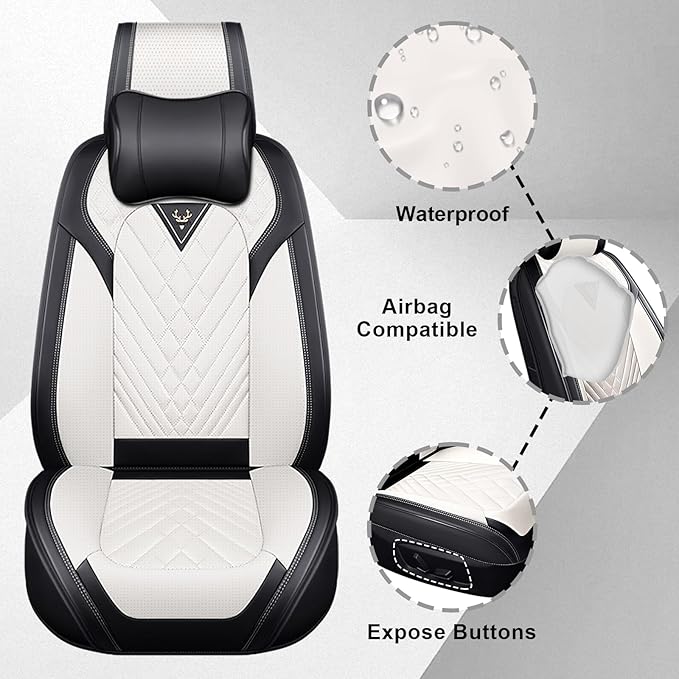 Front Set Car Seat Covers for Ford F-150 F-250 F-350 XL XLT STX Lariat King Ranch Platinum Raptor Waterproof Seat Covers 2009-2025, Anti-Slip Seat Protectors(Luxury 2 Seats/Black White)