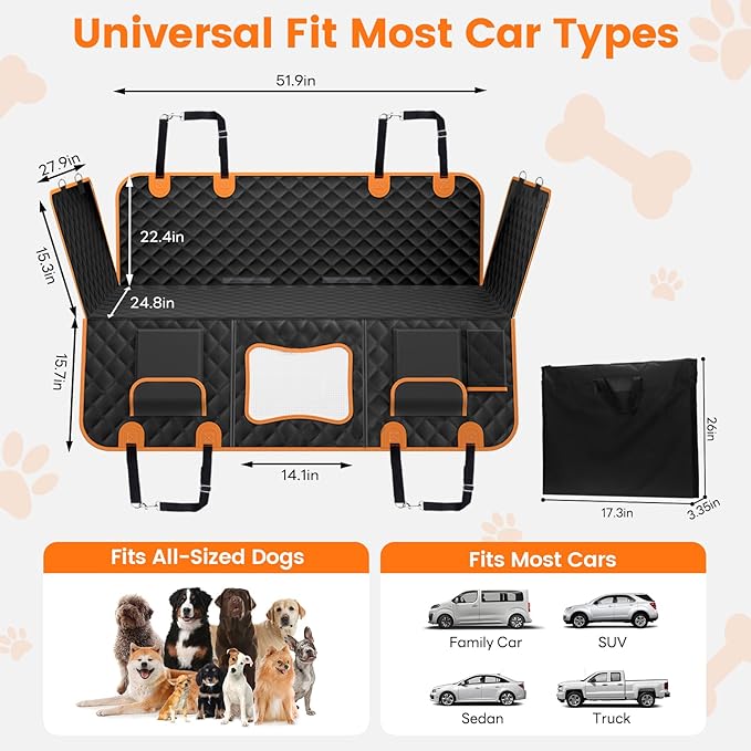 Dog Seat Cover for Back Seat Hard Bottom,Holds 500 lbs,Waterproof Dog Car Seat Cover for Back Seat Extender,Scratch-Proof Pet Hammock for Car,SUV,Truck - with Mesh Window & Storage,Black