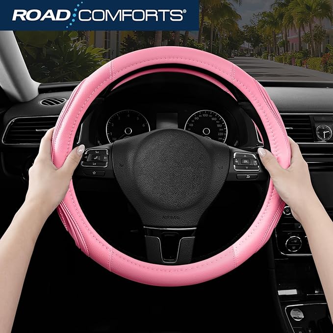 Road Comforts Car Steering Wheel Cover - Microfiber Leather Steering Wheel Wrap Sports 14.5-15 Inch Steering Wheel Cover Non-Slip for Men Women Pink & Pink Color
