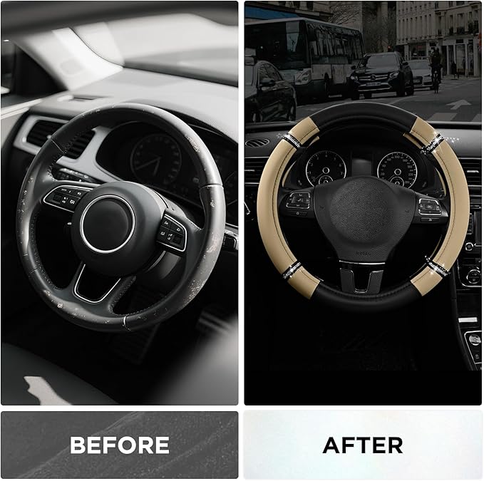 Road Comfort Leather Steering Wheel Cover – Premium Anti-Slip Car Steering Wheel Grip Cover – Universal Fit for 14.5”–15.5” Cars, Trucks & SUVs - Beige